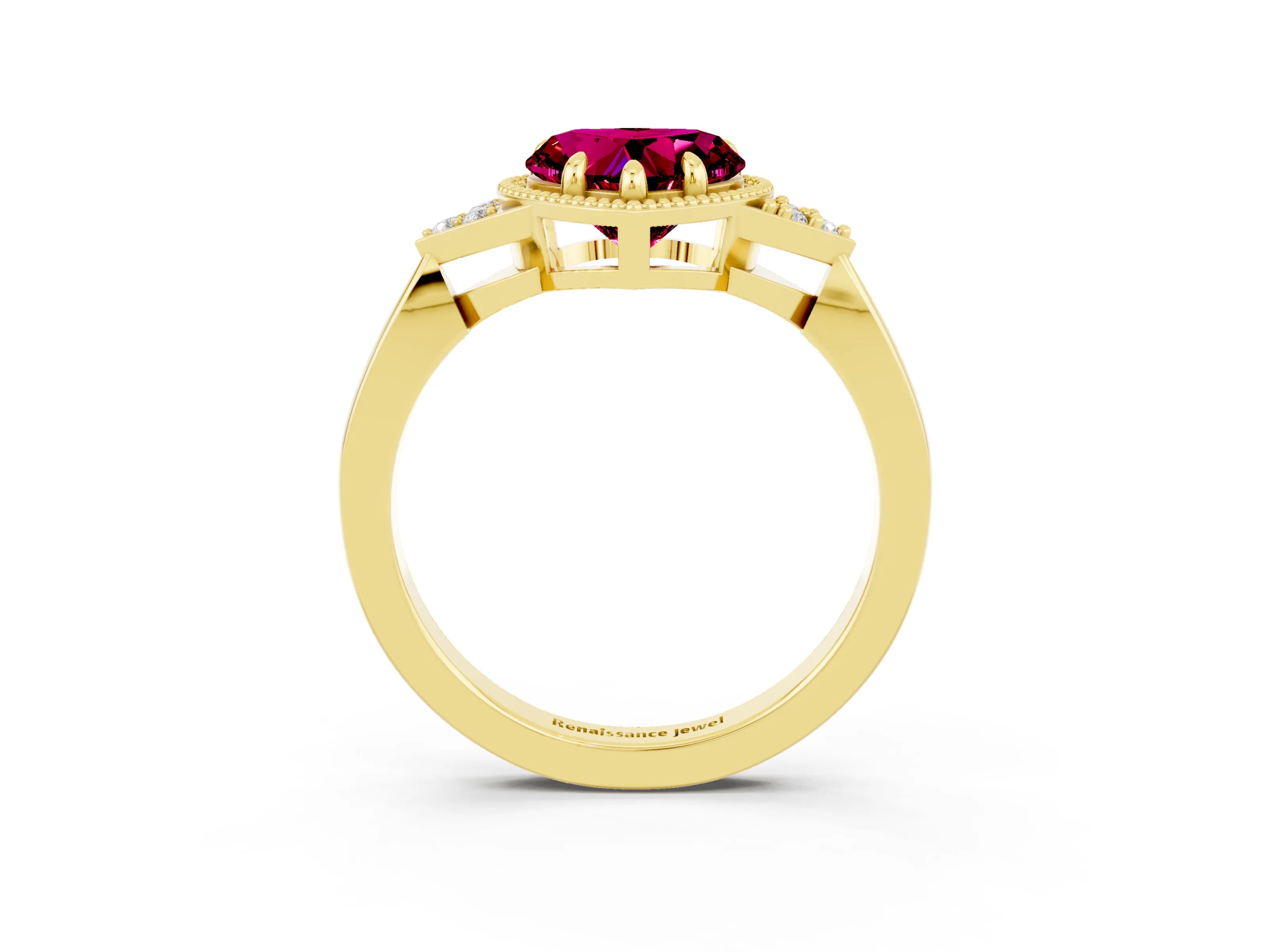 Yellow gold Heart Cut Garnet Halo Ring with Tapered Band and Four-Prong Setting_3