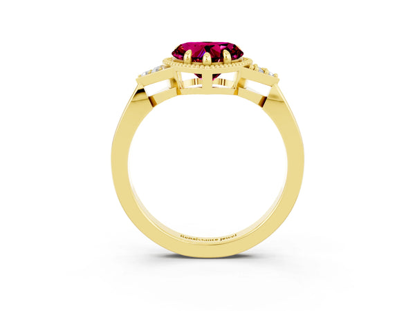 Yellow gold Heart Cut Garnet Halo Ring with Tapered Band and Four-Prong Setting