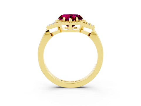 Yellow gold Heart Cut Garnet Halo Ring with Tapered Band and Four-Prong Setting_3