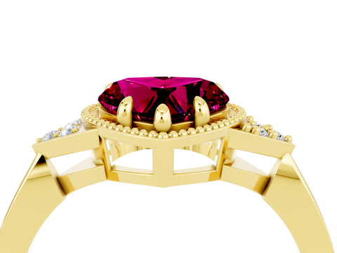 Yellow gold Heart Cut Garnet Halo Ring with Tapered Band and Four-Prong Setting_4