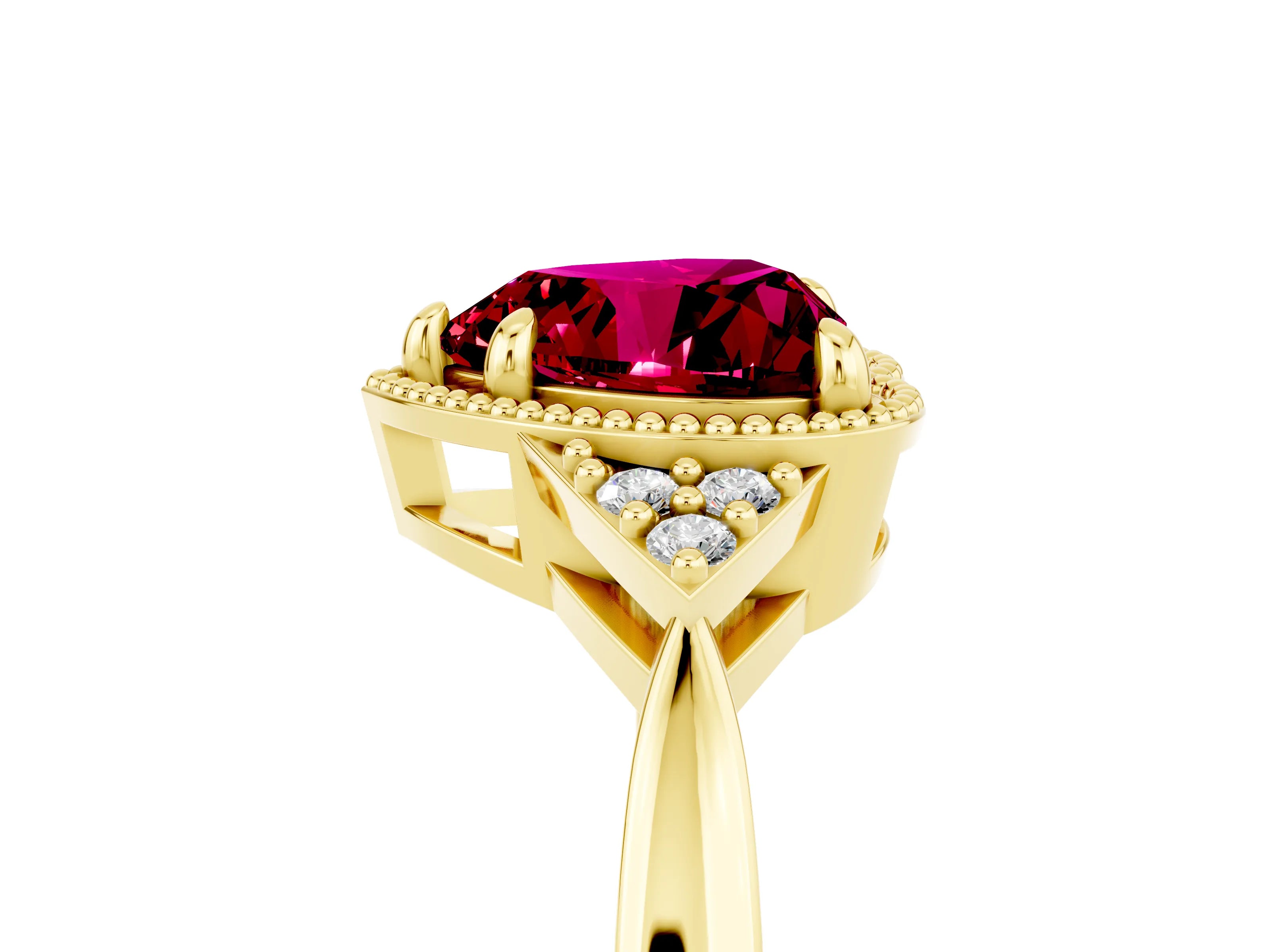 Yellow gold Heart Cut Garnet Halo Ring with Tapered Band and Four-Prong Setting_5