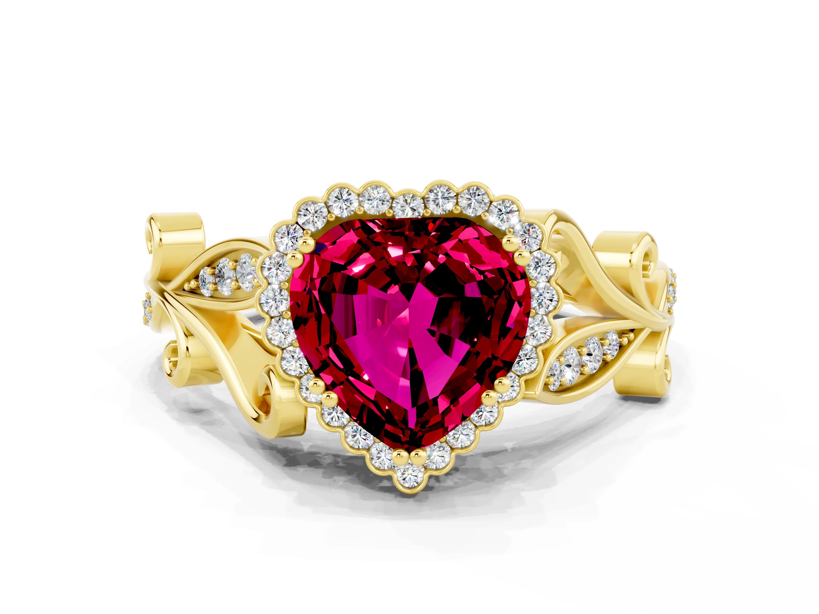 Yellow gold Heart Cut Garnet Halo Ring with Vintage Split Shank and Four-Prong Setting