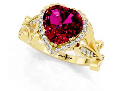 Yellow gold Heart Cut Garnet Halo Ring with Vintage Split Shank and Four-Prong Setting_1