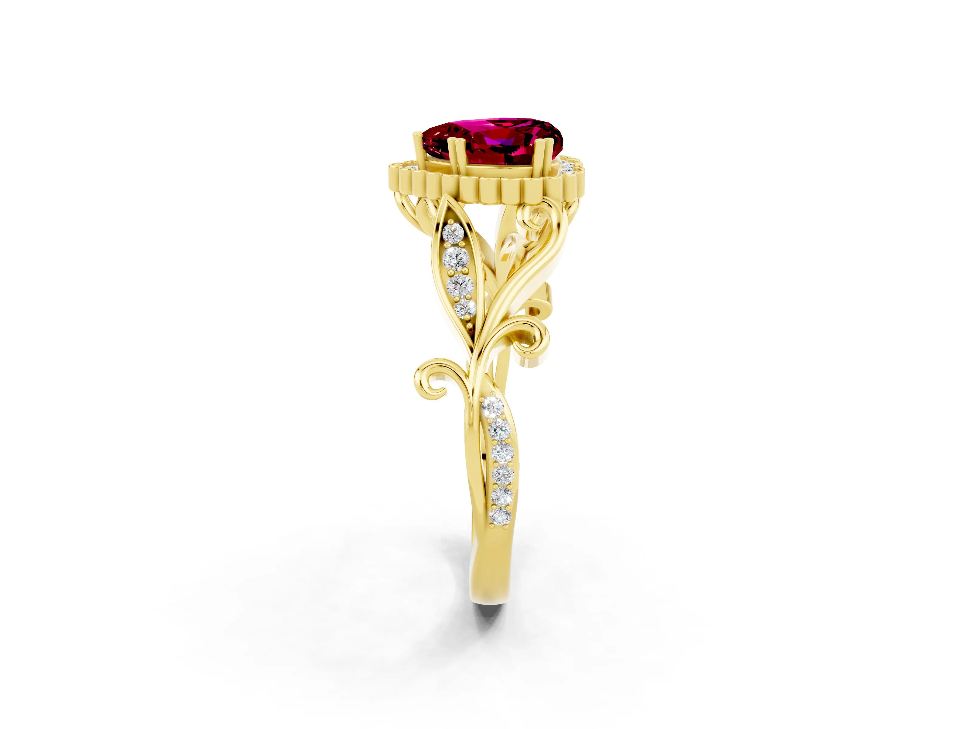 Yellow gold Heart Cut Garnet Halo Ring with Vintage Split Shank and Four-Prong Setting_2