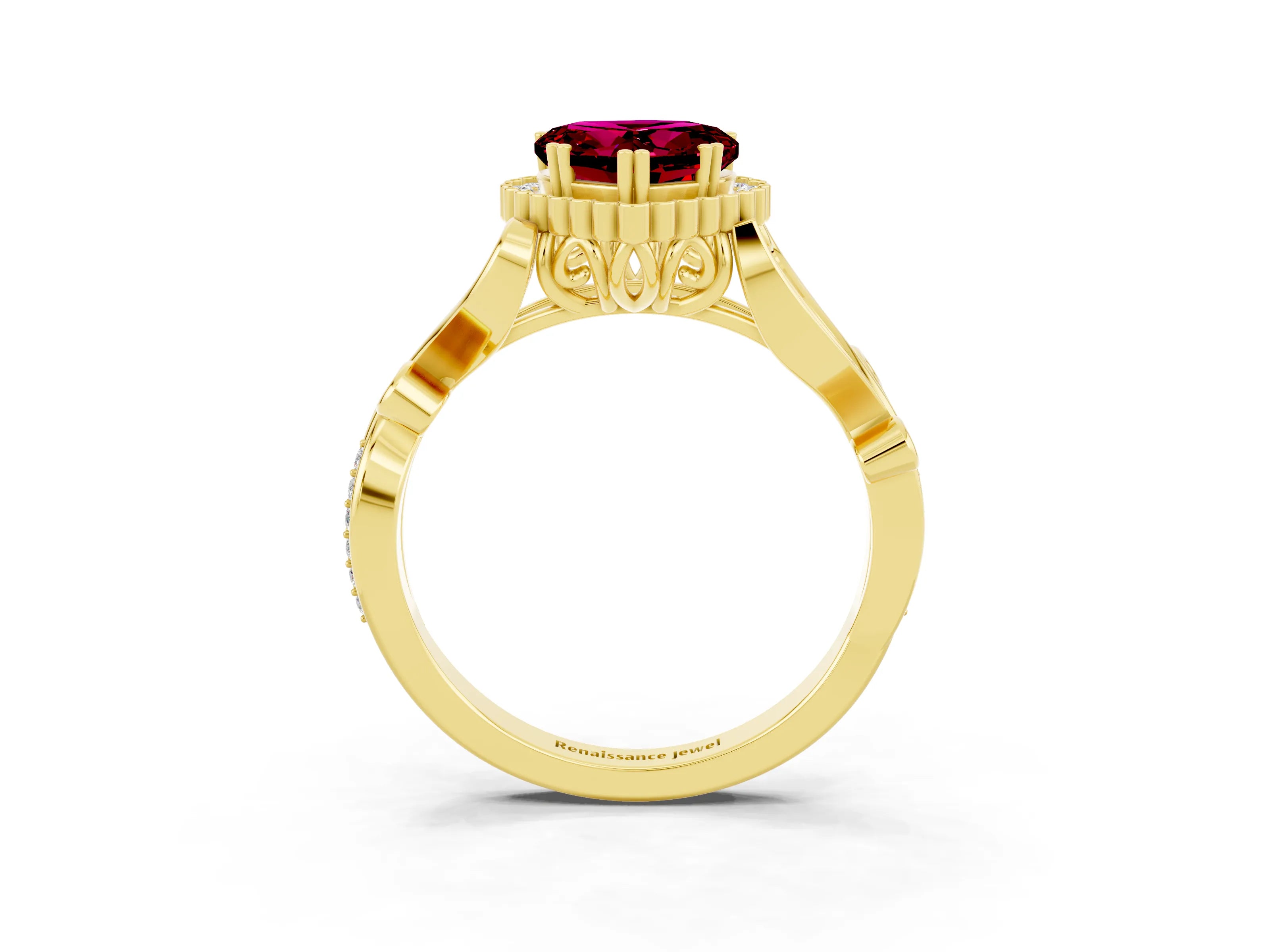 Yellow gold Heart Cut Garnet Halo Ring with Vintage Split Shank and Four-Prong Setting_3