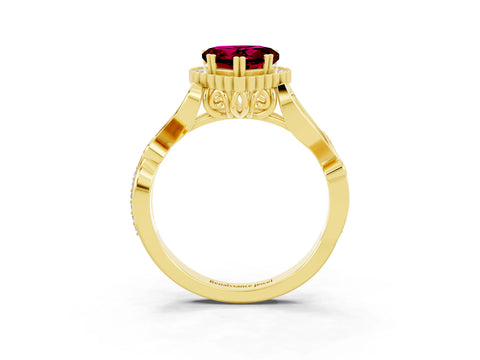 Yellow gold Heart Cut Garnet Halo Ring with Vintage Split Shank and Four-Prong Setting_3