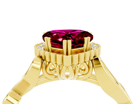 Yellow gold Heart Cut Garnet Halo Ring with Vintage Split Shank and Four-Prong Setting_4