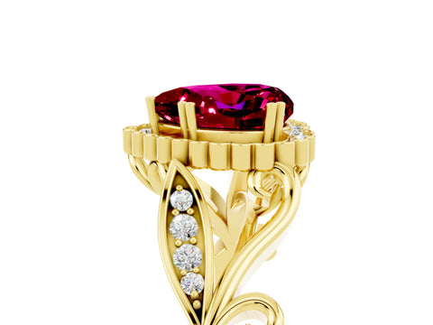Yellow gold Heart Cut Garnet Halo Ring with Vintage Split Shank and Four-Prong Setting_5