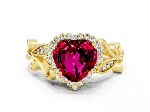 Yellow gold Heart Cut Garnet Halo Ring with Vintage Split Shank and Four-Prong Setting