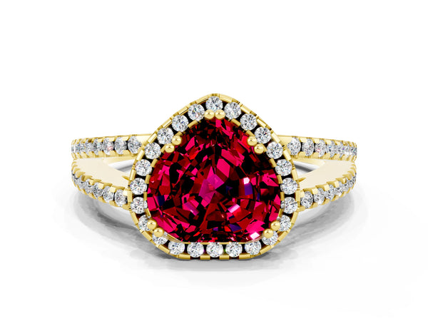 Yellow gold Heart Cut Garnet Halo Split Shank Engagement Ring