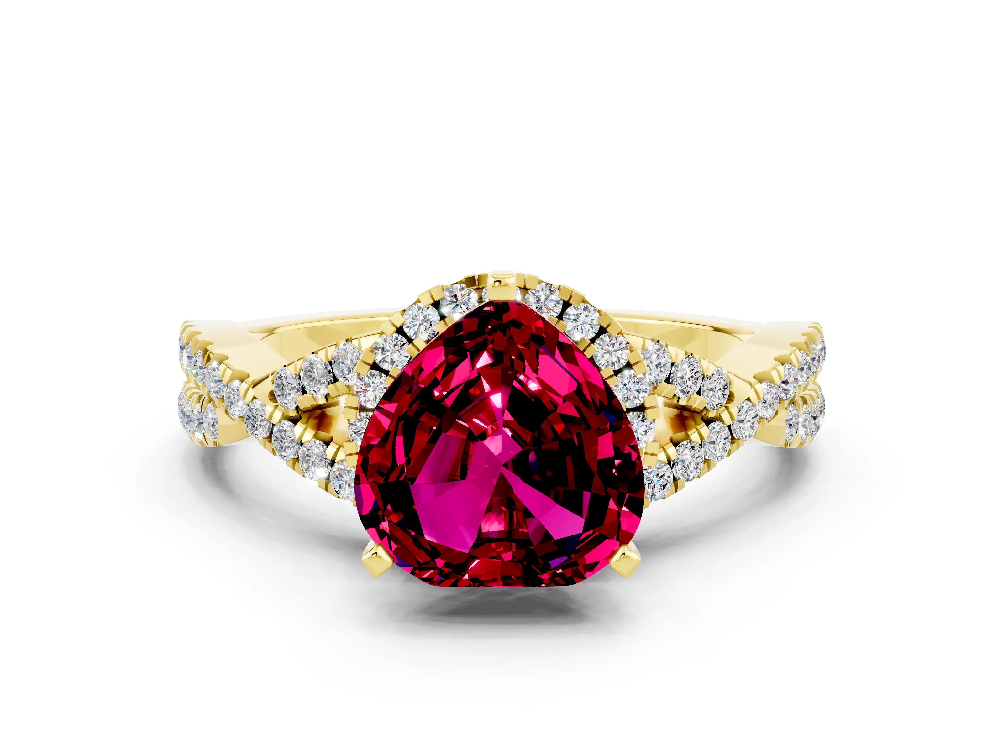 Yellow gold Heart Cut Garnet Halo Twist Band Solitaire Prong Setting Ring