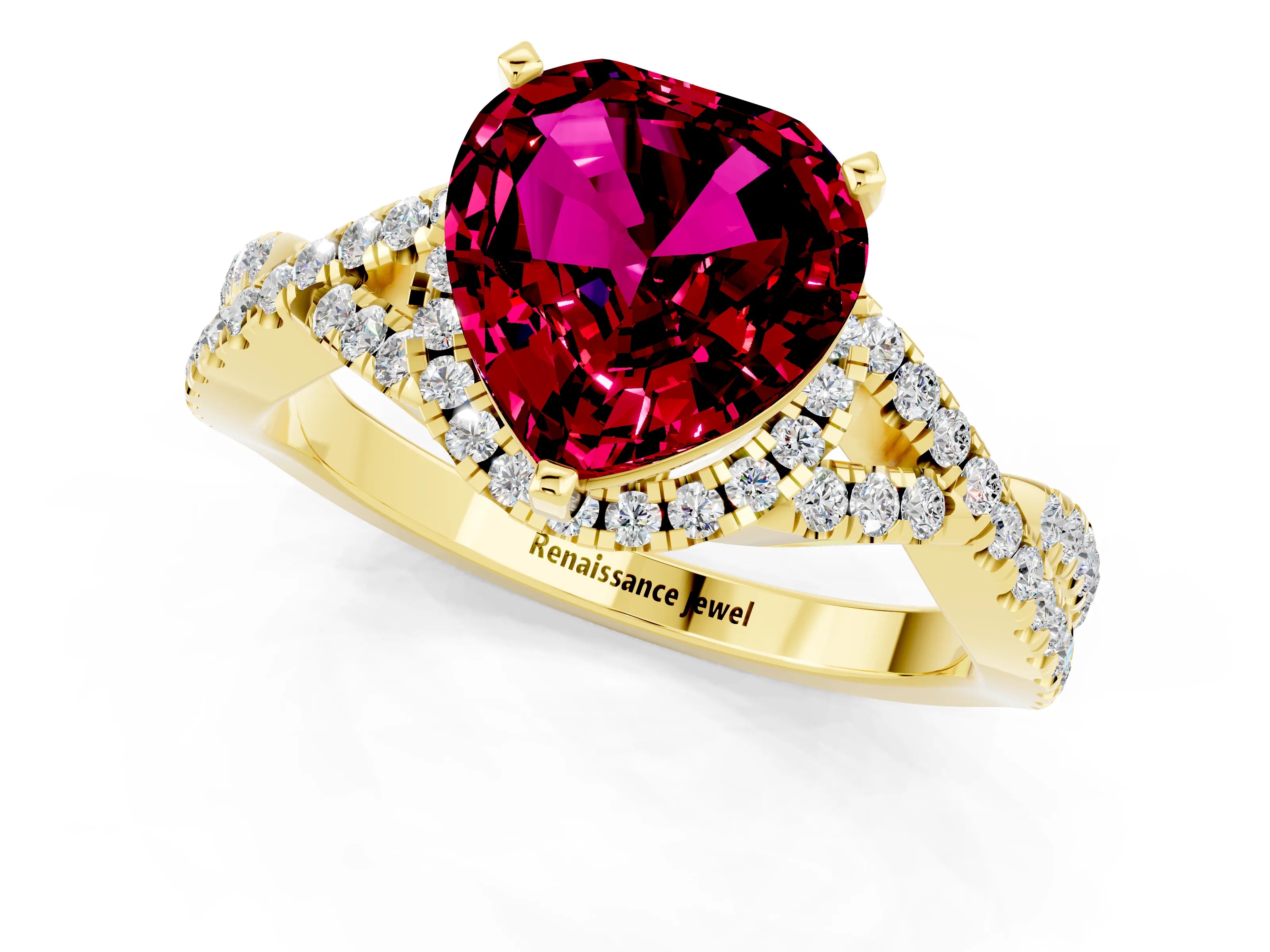 Yellow gold Heart Cut Garnet Halo Twist Band Solitaire Prong Setting Ring_1