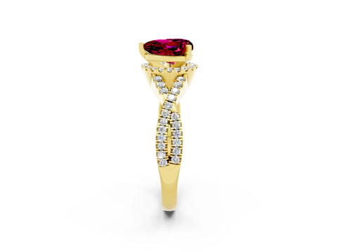 Yellow gold Heart Cut Garnet Halo Twist Band Solitaire Prong Setting Ring_2