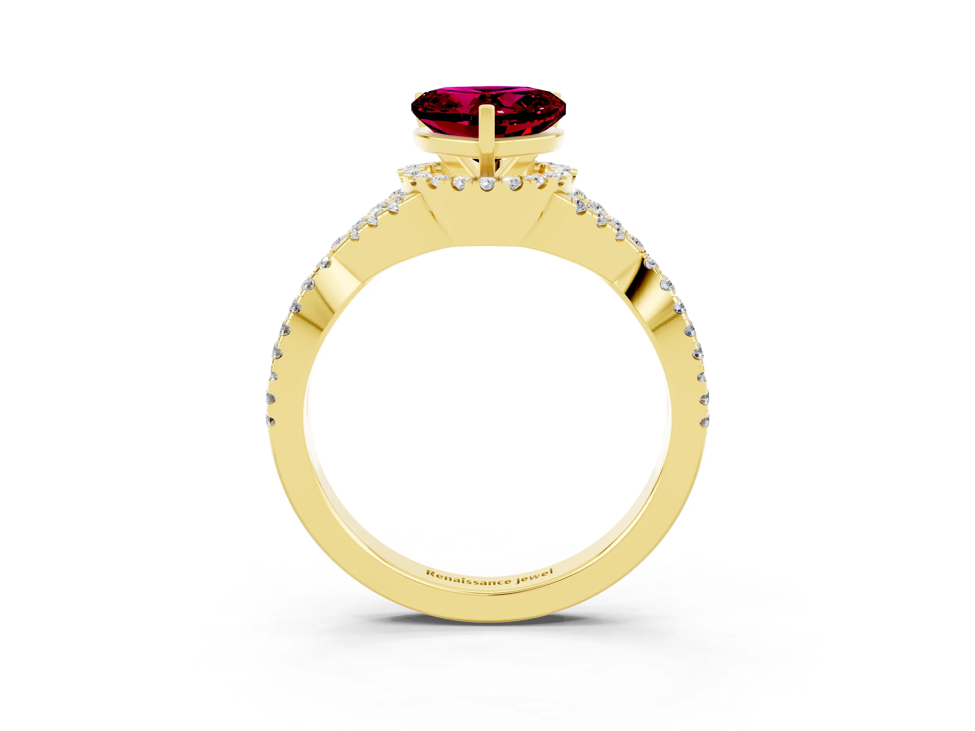 Yellow gold Heart Cut Garnet Halo Twist Band Solitaire Prong Setting Ring_3