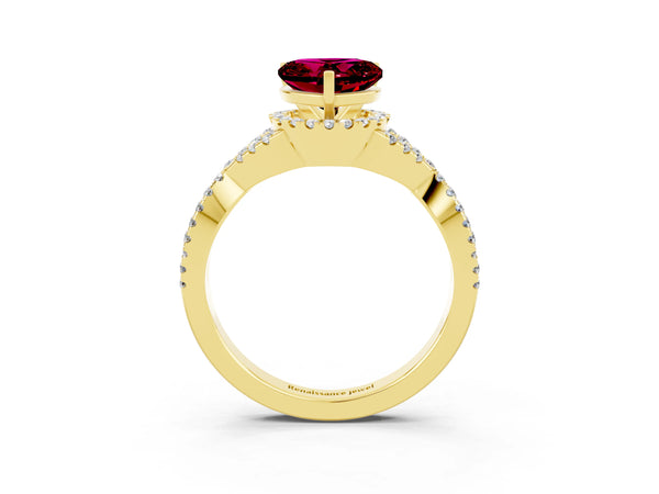 Yellow gold Heart Cut Garnet  Halo Twist Band Solitaire Prong Setting Ring
