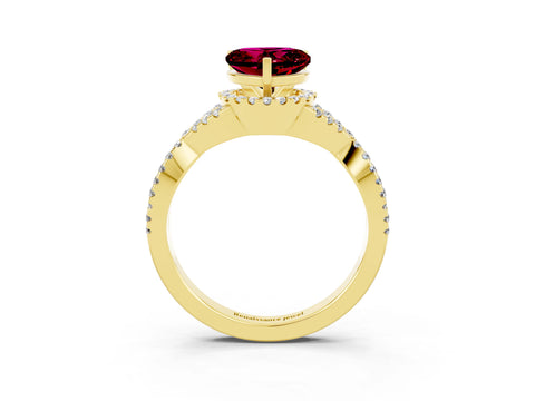 Yellow gold Heart Cut Garnet Halo Twist Band Solitaire Prong Setting Ring_3