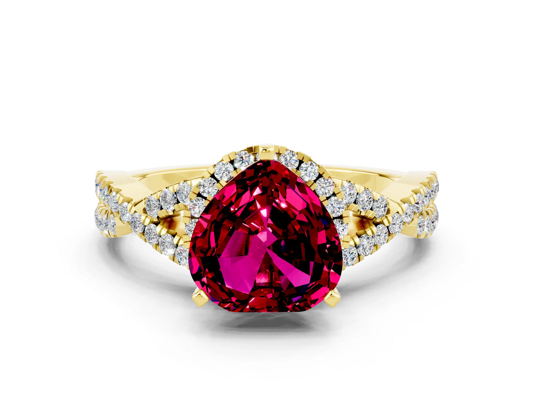 Yellow gold Heart Cut Garnet  Halo Twist Band Solitaire Prong Setting Ring_54