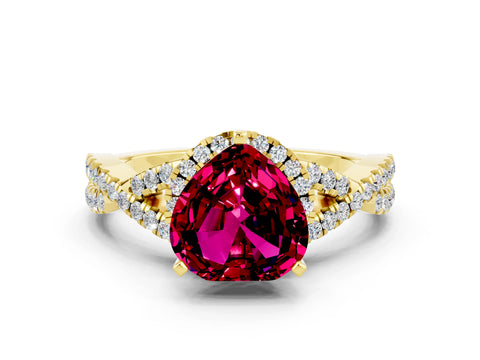 Yellow gold Heart Cut Garnet Halo Twist Band Solitaire Prong Setting Ring