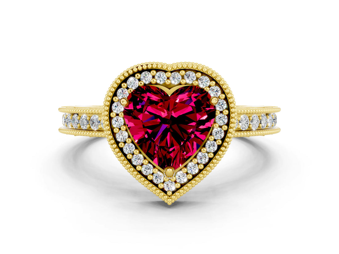 Yellow gold Heart Cut Garnet Milgrain Halo Engagement Ring with Round Pavé Band and Prong Setting_12