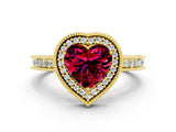 Yellow gold Heart Cut Garnet Milgrain Halo Engagement Ring with Round Pavé Band and Prong Setting_12
