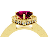 Yellow gold Heart Cut Garnet Milgrain Halo Engagement Ring with Round Pavé Band and Prong Setting_16