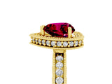 Yellow gold Heart Cut Garnet Milgrain Halo Engagement Ring with Round Pavé Band and Prong Setting_17