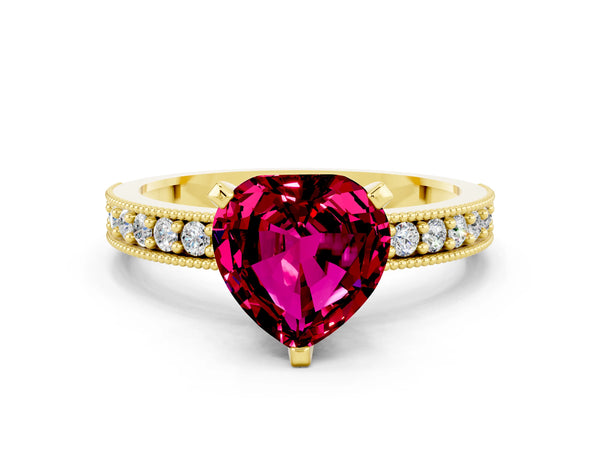 Yellow gold Heart Cut Garnet Milgrain Pavé Engagement Ring with Four-Prong Setting