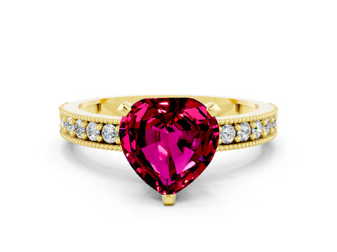 Yellow gold Heart Cut Garnet Milgrain Pavé Engagement Ring with Four-Prong Setting_12