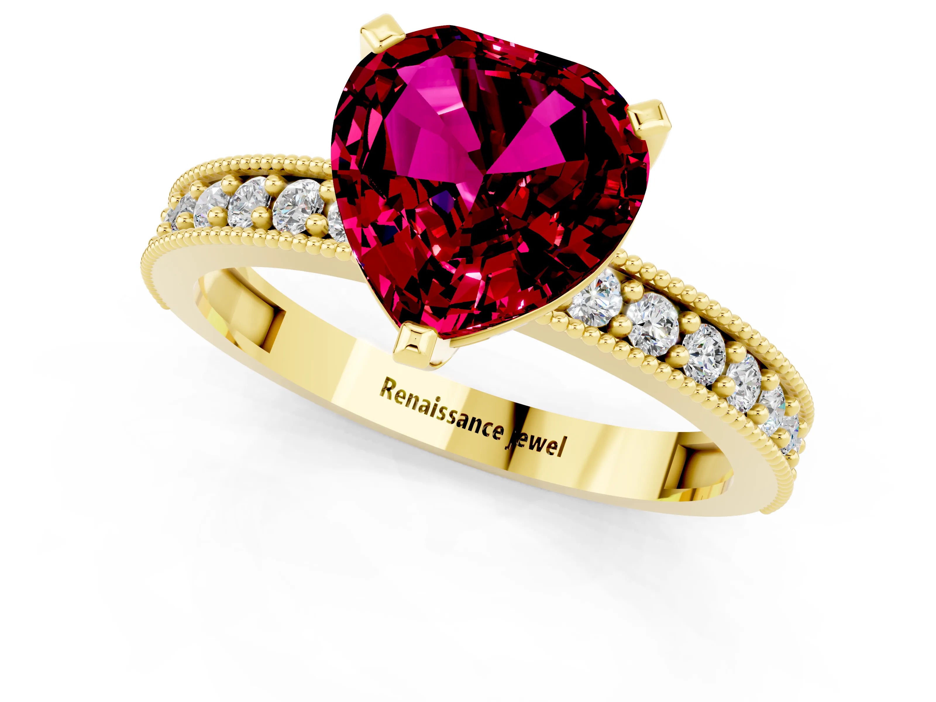 Yellow gold Heart Cut Garnet Milgrain Pavé Engagement Ring with Four-Prong Setting_13