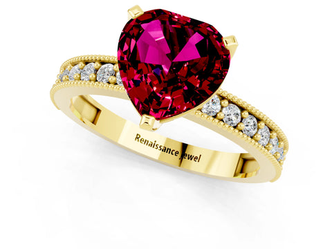 Yellow gold Heart Cut Garnet Milgrain Pavé Engagement Ring with Four-Prong Setting_13