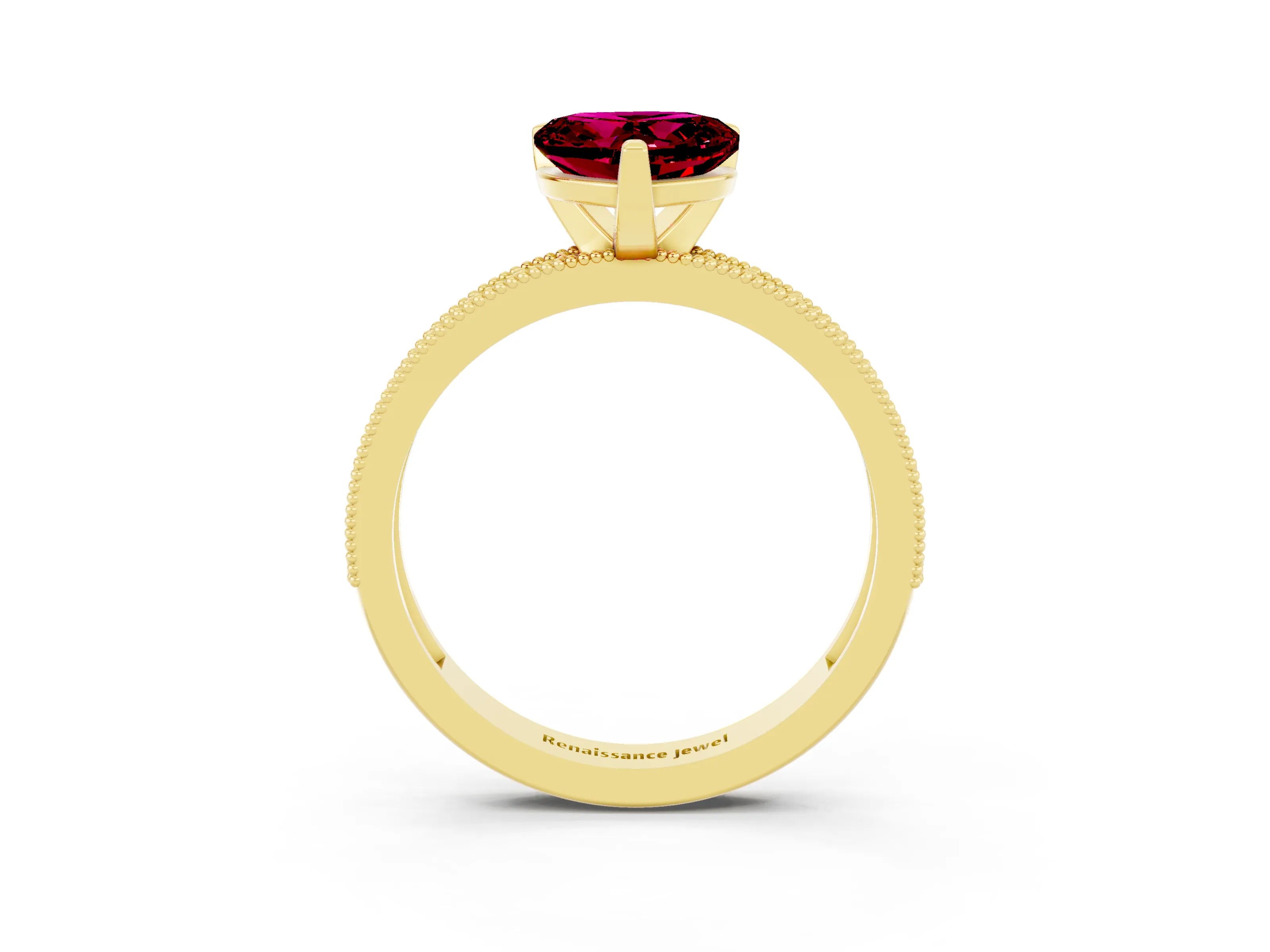 Yellow gold Heart Cut Garnet Milgrain Pavé Engagement Ring with Four-Prong Setting_15
