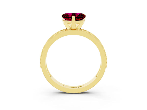 Yellow gold Heart Cut Garnet Milgrain Pavé Engagement Ring with Four-Prong Setting
