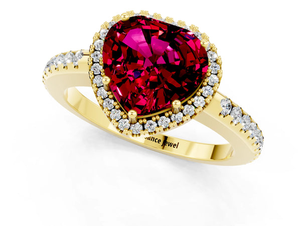 Yellow gold Heart Cut Garnet Pavé Halo Ring with Four-Prong Setting