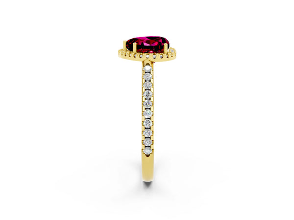 Yellow gold Heart Cut Garnet Pavé Halo Ring with Four-Prong Setting