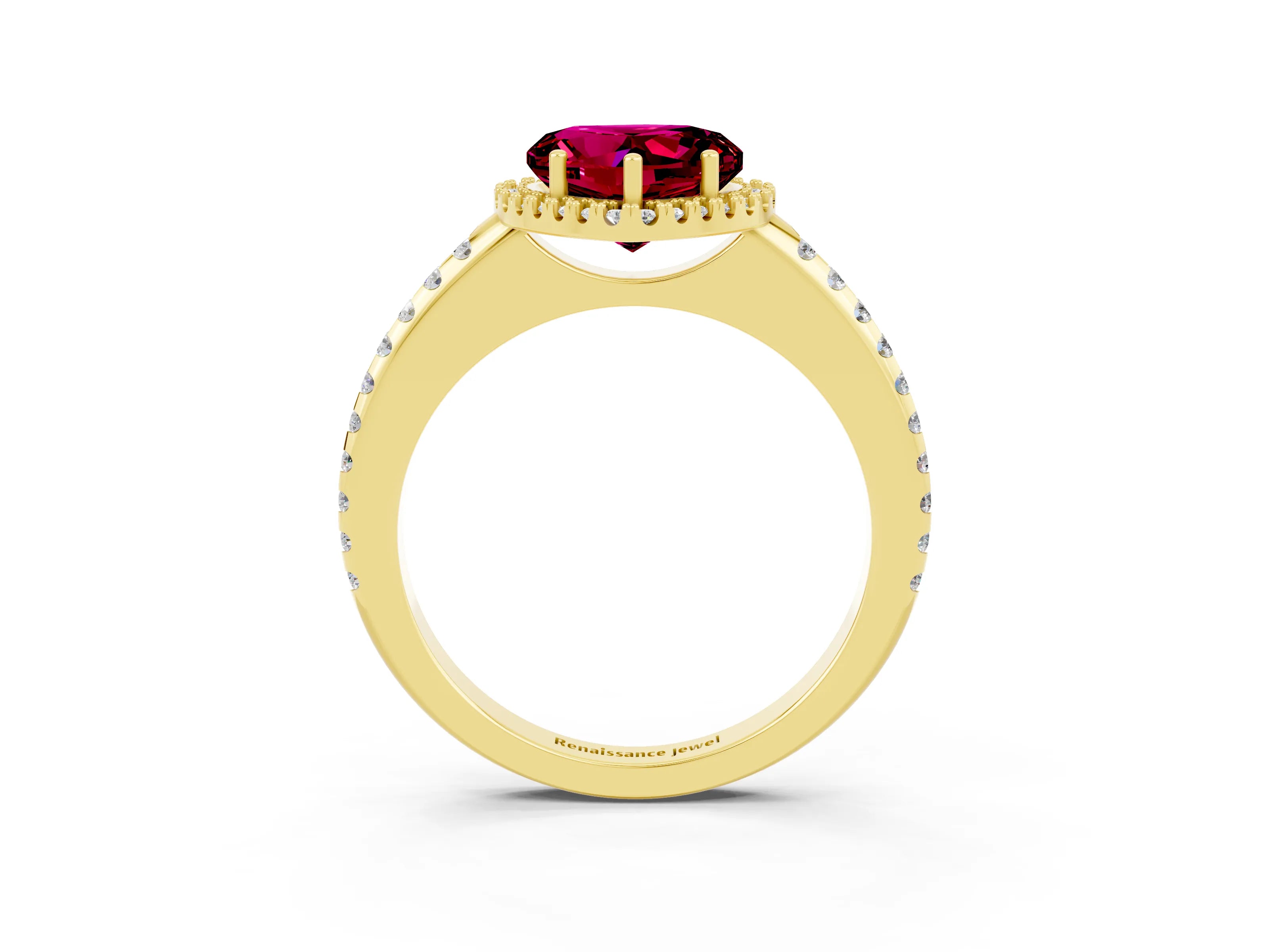 Yellow gold Heart Cut Garnet Pavé Halo Ring with Four-Prong Setting_15