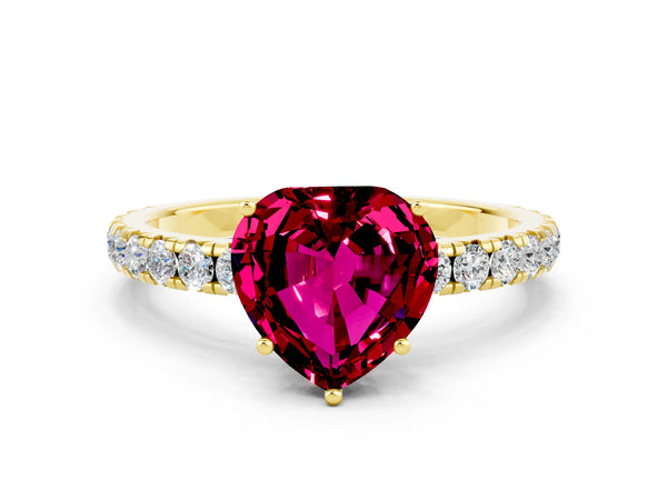 Yellow gold Heart Cut Garnet Pavé Solitaire Engagement Ring with Four-Prong Setting
