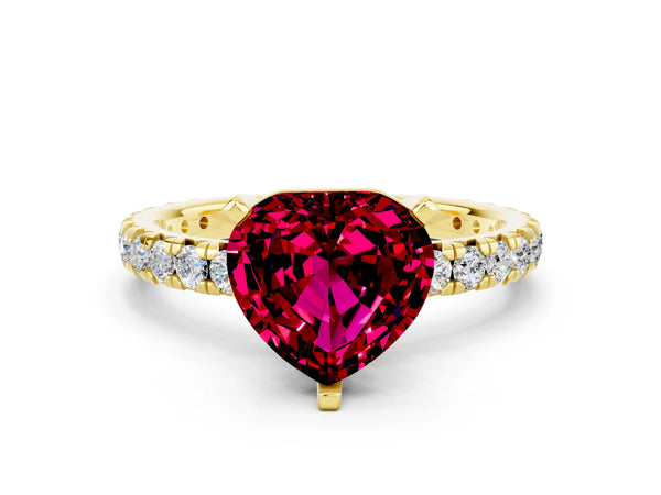 Yellow gold Heart Cut Garnet Pavé Solitaire Ring with Round Band and Prong Setting
