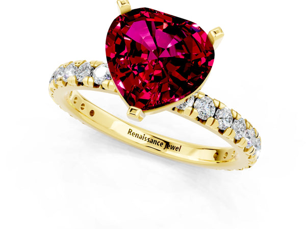 Yellow gold Heart Cut Garnet Pavé Solitaire Ring with Round Band and Prong Setting