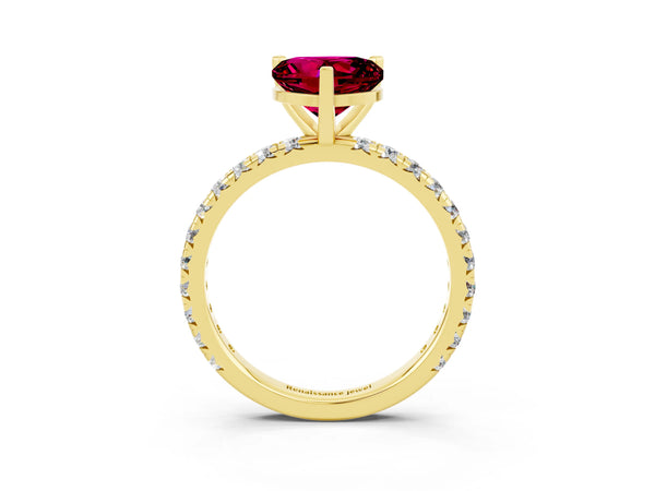 Yellow gold Heart Cut Garnet Pavé Solitaire Ring with Round Band and Prong Setting