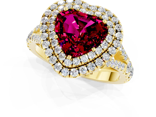 Yellow gold Heart Cut Garnet Pavé Split Shank Double Halo Engagement Ring