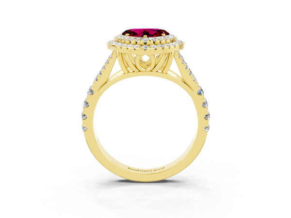 Yellow gold Heart Cut Garnet Pavé Split Shank Double Halo Engagement Ring
