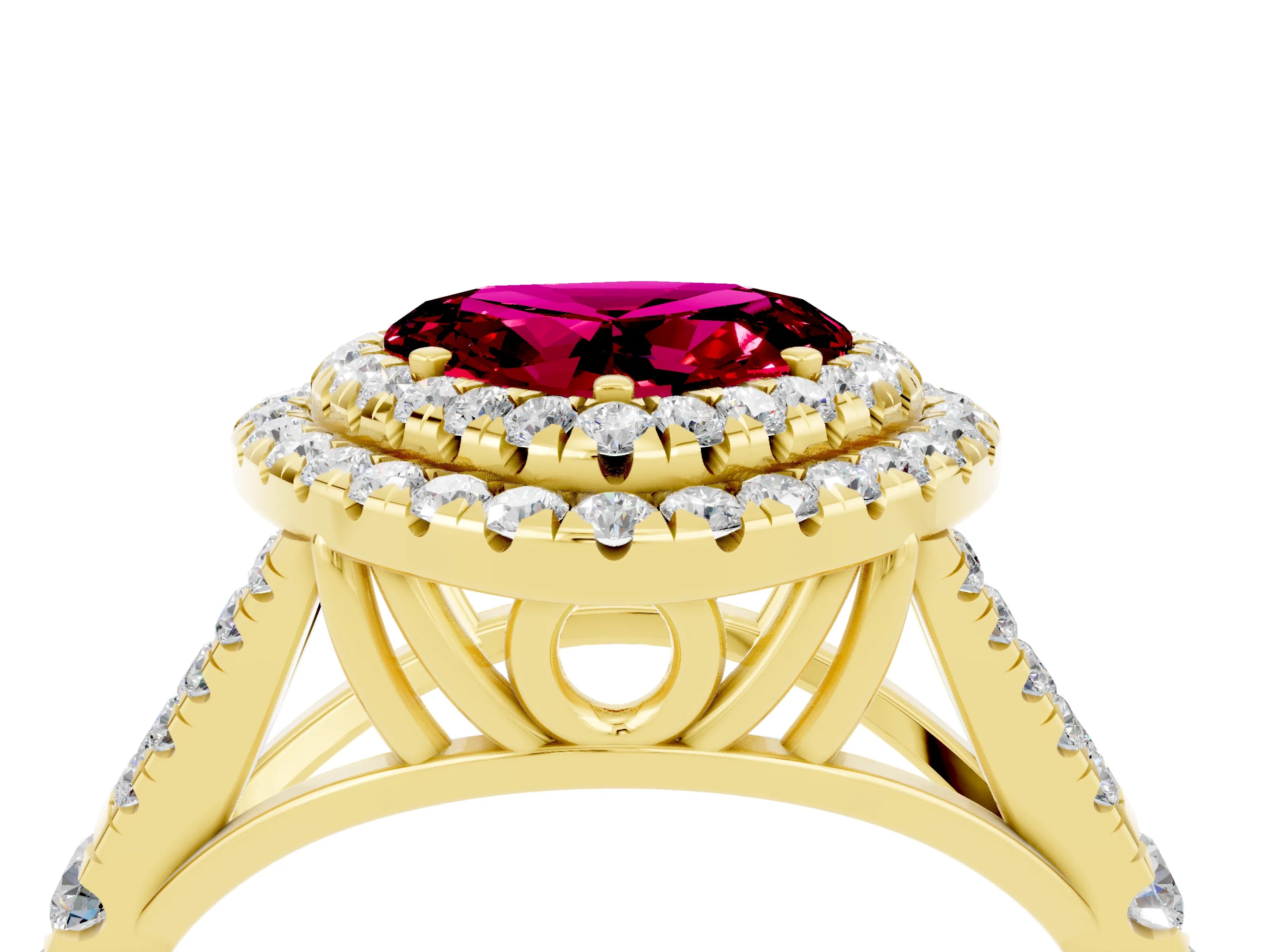 Yellow gold Heart Cut Garnet Pavé Split Shank Double Halo Engagement Ring_4