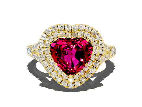 Yellow gold Heart Cut Garnet Pavé Split Shank Double Halo Engagement Ring