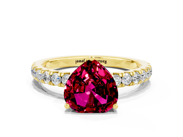 Yellow gold Heart Cut Garnet Pave Band Solitaire Ring with Round  and Prong Setting