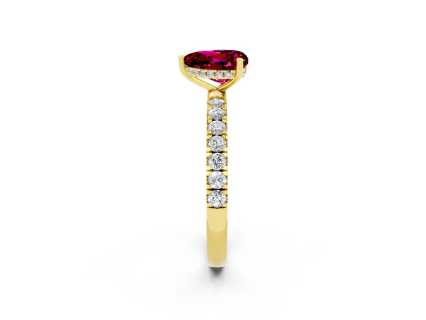 Yellow gold Heart Cut Garnet Pave Band Solitaire Ring with Round  and Prong Setting