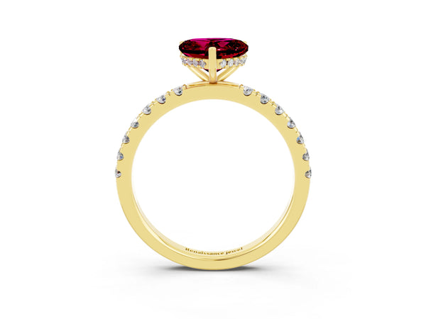 Yellow gold Heart Cut Garnet Pave Band Solitaire Ring with Round  and Prong Setting