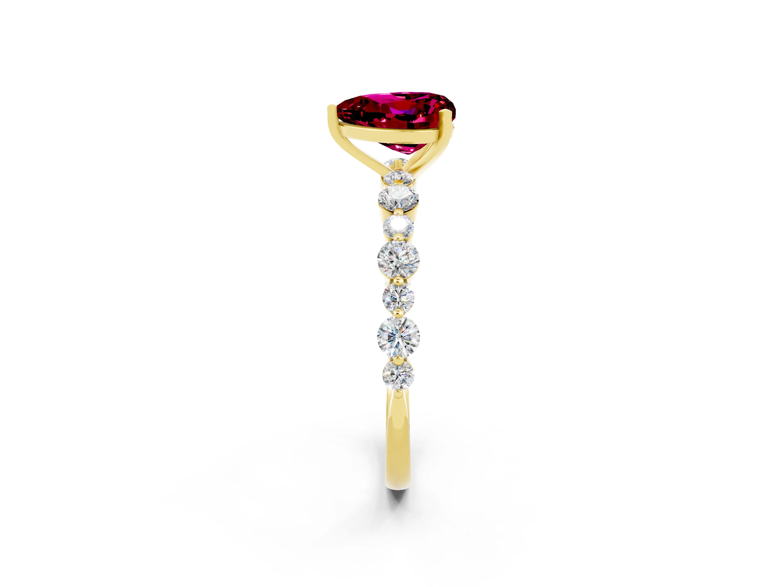 Yellow gold Heart Cut Garnet Prong Set Engagement Ring with Pavé Band_2