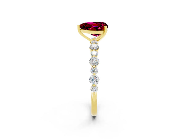 Yellow gold Heart Cut Garnet Prong Set Engagement Ring with Pavé Band