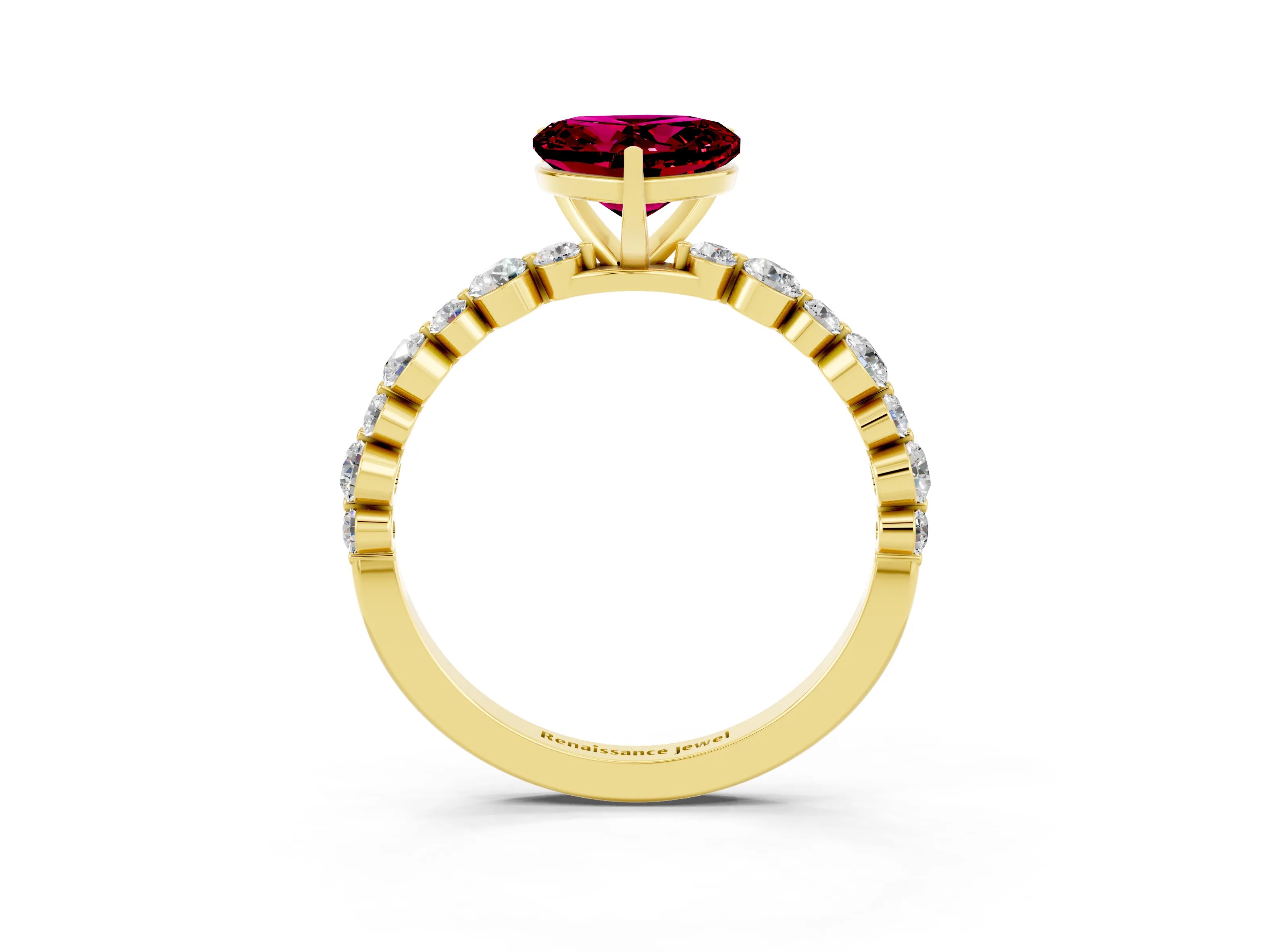 Yellow gold Heart Cut Garnet Prong Set Engagement Ring with Pavé Band_3