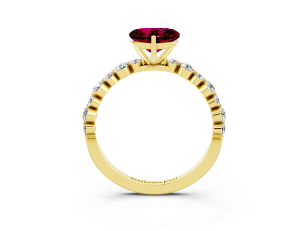 Yellow gold Heart Cut Garnet Prong Set Engagement Ring with Pavé Band